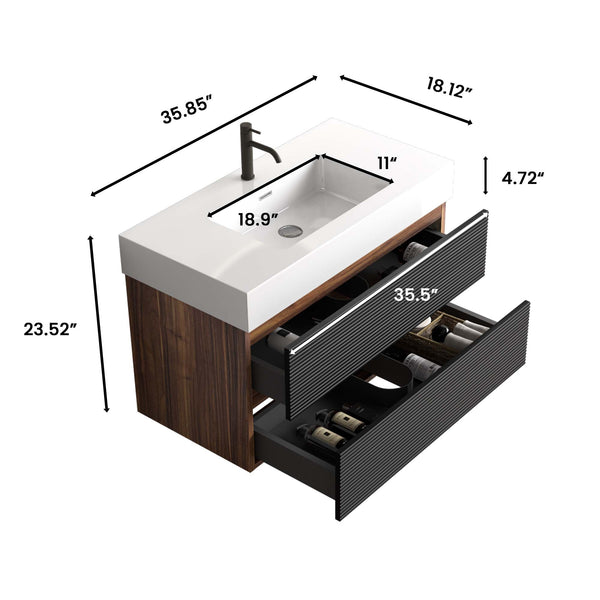 English Elm Grace 36" Walnut Floating Bathroom Vanity With Glossy White Sink, Soft-Closing Drawers & Modern Design W1865S00086