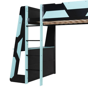 English Elm Full Size Gaming Loft Bed with Led Lighting Desk Shelves and Usb Charging Ports Black+Blue N820S00076C