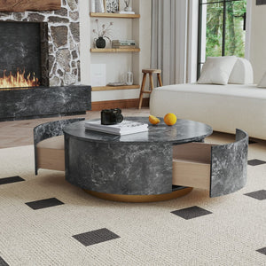 English Elm Tavola Round Coffee Table with Marble Pattern Top and Metal Legs, Two Drawers for Stylish Storage Grey B341P321161