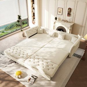 English Elm 100" Oversized Velvet Sleeper Sofa with Floral Tufted Cushions for Living Room Beige+White W1885S00301