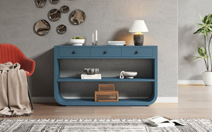 English Elm [video] Sculptural Console Table Pine Wood Curved Legs Soft-close Drawers Open Shelving Entryway Blue N759P433560C