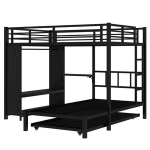 English Elm Full Over Twin Bunk Bed With Integrated Wardrobe, Trundle, Foldable Desk & Noise-Reduced Design In Black W1580S00136