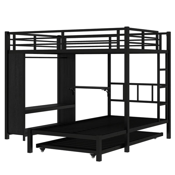 English Elm Full Over Twin Bunk Bed With Integrated Wardrobe, Trundle, Foldable Desk & Noise-Reduced Design In Black W1580S00136