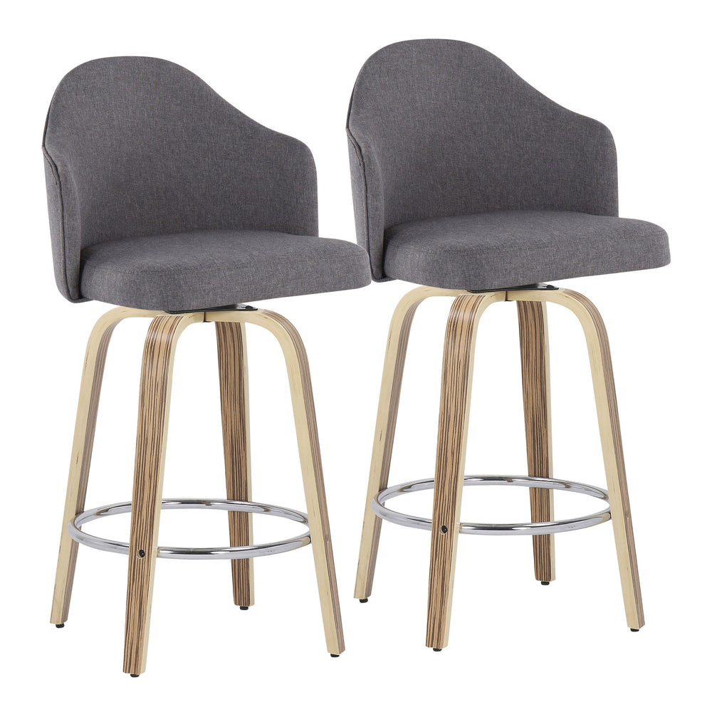 English Elm Ahoy Mid-Century Modern Counter Stool Set Of 2 With Zebra Wood Legs & Grey Fabric For Stylish Comfort B202S00171
