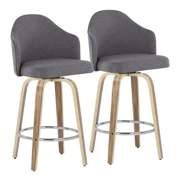 English Elm Ahoy Mid-Century Modern Counter Stool Set Of 2 With Zebra Wood Legs & Grey Fabric For Stylish Comfort B202S00171