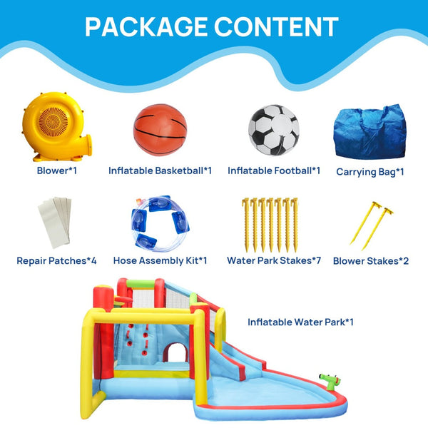 English Elm 7 in 1 Inflatable Backyard Water Park with Slide Splash Pool Climbing Wall and Bouncer W167790010