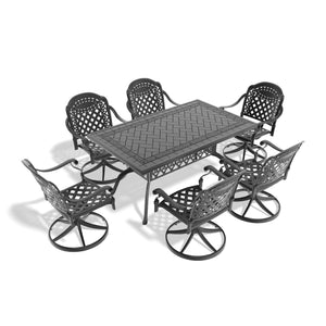 English Elm 7-Piece All-Weather Cast Aluminum Dining Set With Swivel Chairs, Cushions & Stylish Black Frame W1710S00322