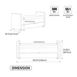 English Elm 58.27" Wide Napped Fabric Upholstered Storage Bench Rolled Armrest Caster Wheels Entryway Griege W3189P445991