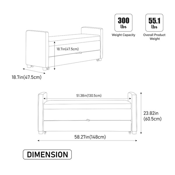 English Elm 58.27" Wide Napped Fabric Upholstered Storage Bench Rolled Armrest Caster Wheels Entryway Griege W3189P445991