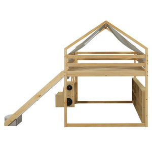 English Elm Full Size Kids House Loft Bed Pinewood Frame with Tent Slide and Play Storage Natural LT000683AAD