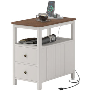 English Elm HOMCOM Narrow End Table with Charging Station, 2 Outlets & USB, 2 Drawers Shelf, Modern White W2225P249995