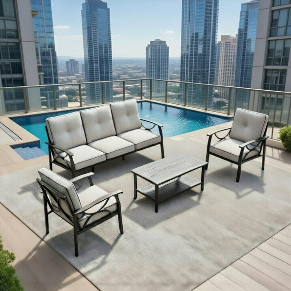 English Elm 4-piece Outdoor Steel Conversation Set Seats Five with Thick Foam Cushions Patio B082S00133