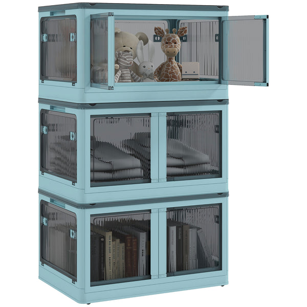 English Elm HOMCOM Collapsible 3-Unit Stackable Storage Bins with Lids & Wheels, 18 gal, Five-Sided Access, Blue W2225P173962