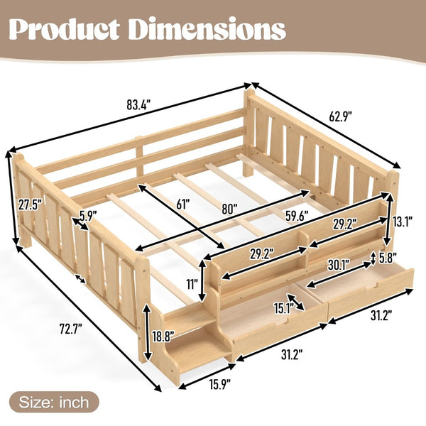English Elm Queen Bunk Bed with Trundle Solid Pine Kids Car Themed Frame Built-in Bookshelf Light Natural W1580S00544