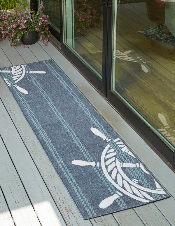 Unique Loom Ivory 2' X 8' Outdoor Coastal Runner Rug – Perfect For Beach-inspired Decor And Walkways Navy,Blue  3157738-unique-loom