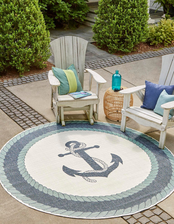 Unique Loom Ivory 2' X 8' Outdoor Coastal Runner Rug – Perfect For Beach-inspired Decor And Walkways Navy,Blue  3157776-unique-loom