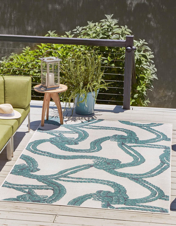 Unique Loom Navy Coastal Outdoor Area Rug - Durable 4' X 6' Design In Deep Blue Hues For Patios And Decks Ivory  3157822-unique-loom