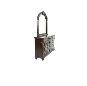 English Elm Traditional Antique Cherry/Walnut Dresser with Mirror, 9 Drawers, Carved Floral Accents, Metal Hardware and Bun Feet B011S01151