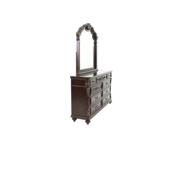English Elm Traditional Antique Cherry/Walnut Dresser with Mirror, 9 Drawers, Carved Floral Accents, Metal Hardware and Bun Feet B011S01151