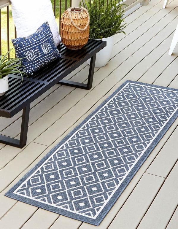 Unique Loom Teal Outdoor Trellis Runner - Vibrant 2' X 6' Design For High-traffic Areas And Modern Spaces Navy,Blue  3158183-unique-loom