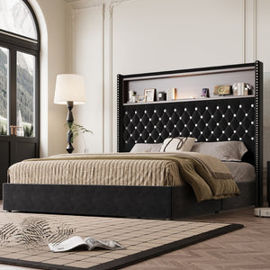 English Elm Queen Velvet Tufted Wingback Platform Bed Tall Headboard with Usb Charging Shelf Black N733P367135B