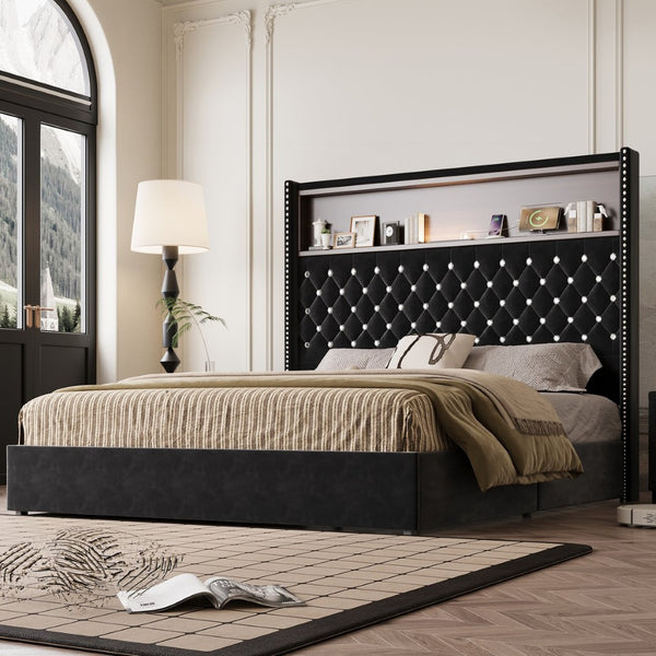English Elm Queen Velvet Tufted Wingback Platform Bed Tall Headboard with Usb Charging Shelf Black N733P367135B