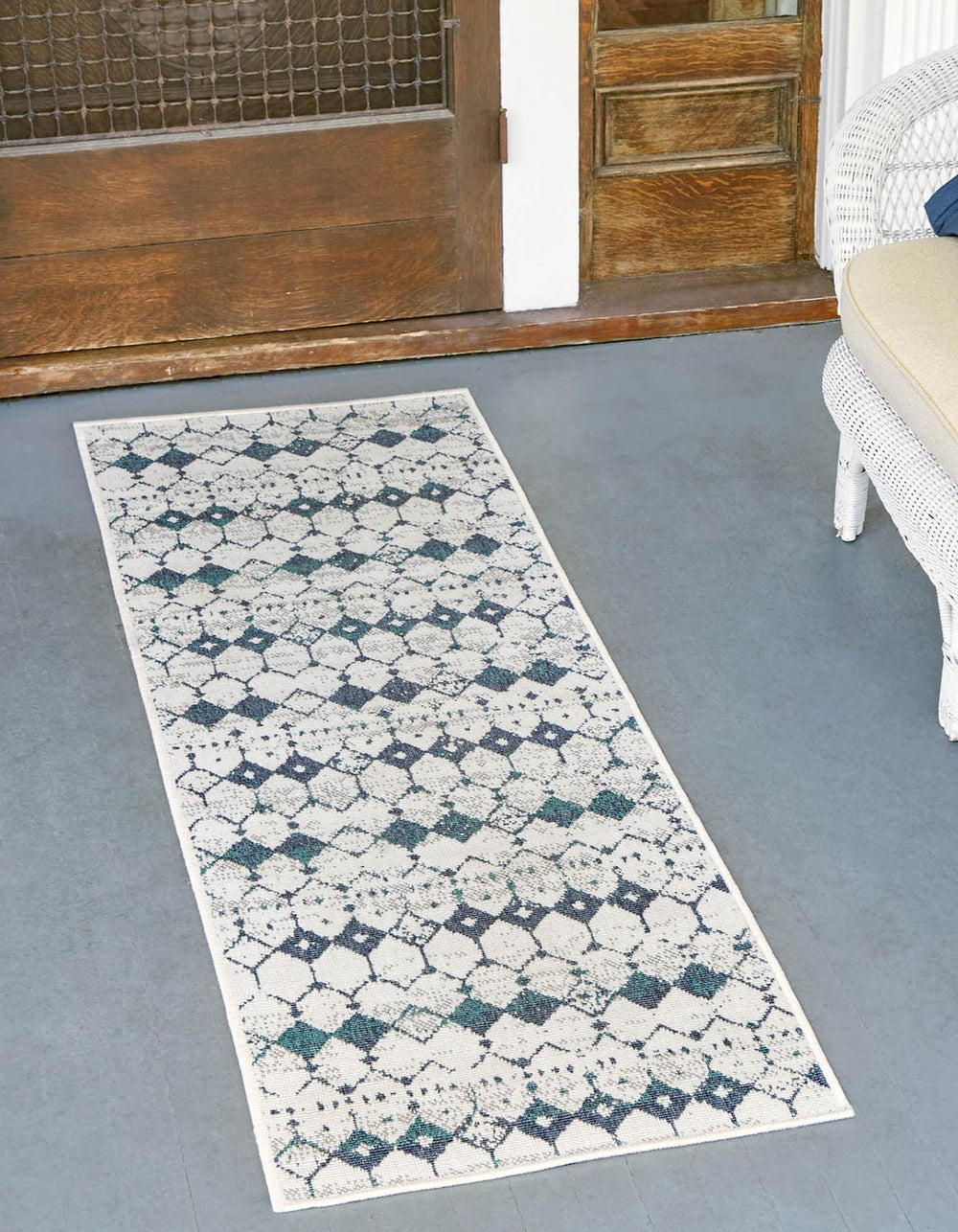 Unique Loom Teal Outdoor Trellis Runner - Vibrant 2' X 6' Design For High-traffic Areas And Modern Spaces Teal  3158125-unique-loom