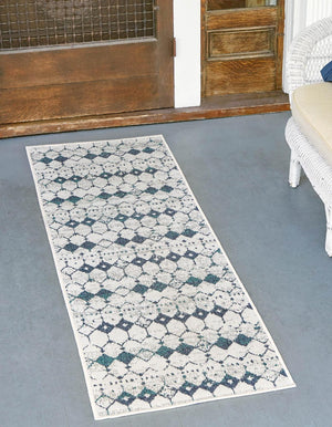 Unique Loom Teal Outdoor Trellis Runner - Vibrant 2' X 6' Design For High-traffic Areas And Modern Spaces Ivory,Blue  3158103-unique-loom