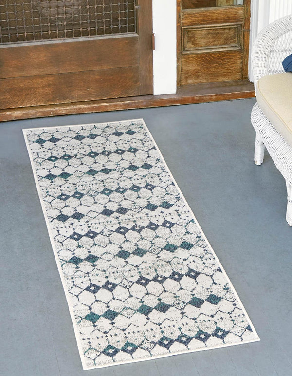 Unique Loom Teal Outdoor Trellis Runner - Vibrant 2' X 6' Design For High-traffic Areas And Modern Spaces Ivory,Blue  3158103-unique-loom
