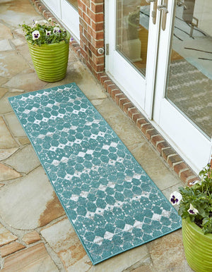 Unique Loom Teal Outdoor Trellis Runner - Vibrant 2' X 6' Design For High-traffic Areas And Modern Spaces Teal  3158125-unique-loom