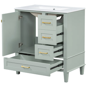 English Elm 30" Modern Bathroom Vanity with Solid Wood Frame, 3 Soft-Close Drawers and Ceramic Sink, Sleek Design Sage Green N729P170557G