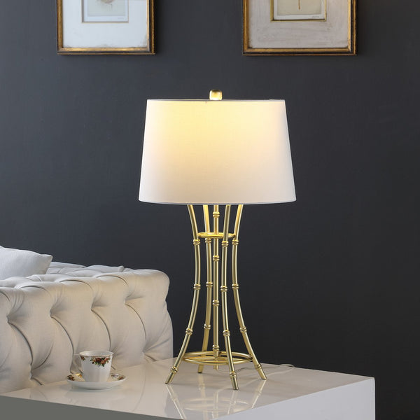 English Elm 29.25" Kiara Modern Satin Brushed Gold Bamboo Table Lamp with Off-White Linen Shade, Elegant Accent Gold+White B072P222428