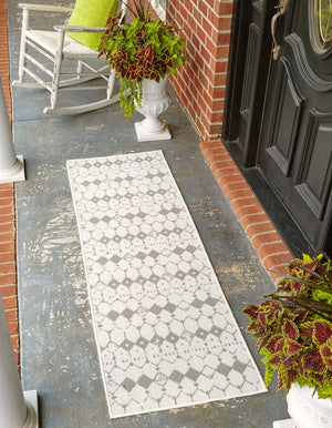 Unique Loom Teal Outdoor Trellis Runner - Vibrant 2' X 6' Design For High-traffic Areas And Modern Spaces Ivory,Gray  3158138-unique-loom