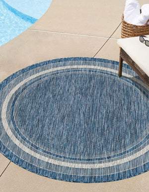 Unique Loom Blue Outdoor Border Collection Rug - 4' Round, Coastal-inspired Design For Stylish Outdoor Decor Blue  3158195-unique-loom