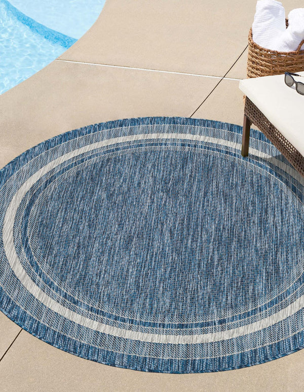 Unique Loom Blue Outdoor Border Collection Rug - 4' Round, Coastal-inspired Design For Stylish Outdoor Decor Blue  3158195-unique-loom