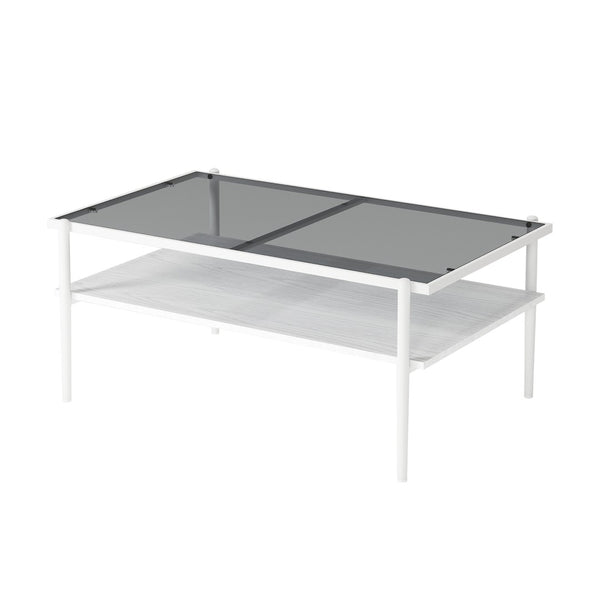 English Elm Rectangle Coffee Table - Modern Gray Tempered Glass Top With Stylish White Legs For Living Room Elegance W241139569-GIGA