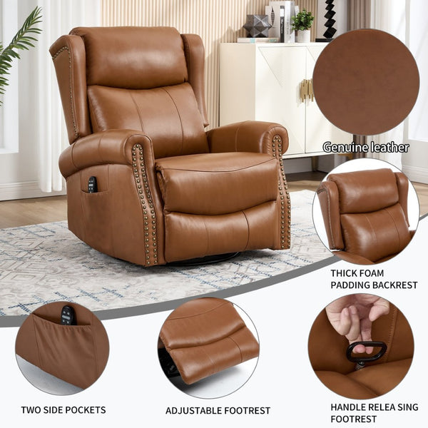 English Elm Heat Massage Swivel Rocker Recliner in Genuine Leather for Living Room Comfort W3224S00015