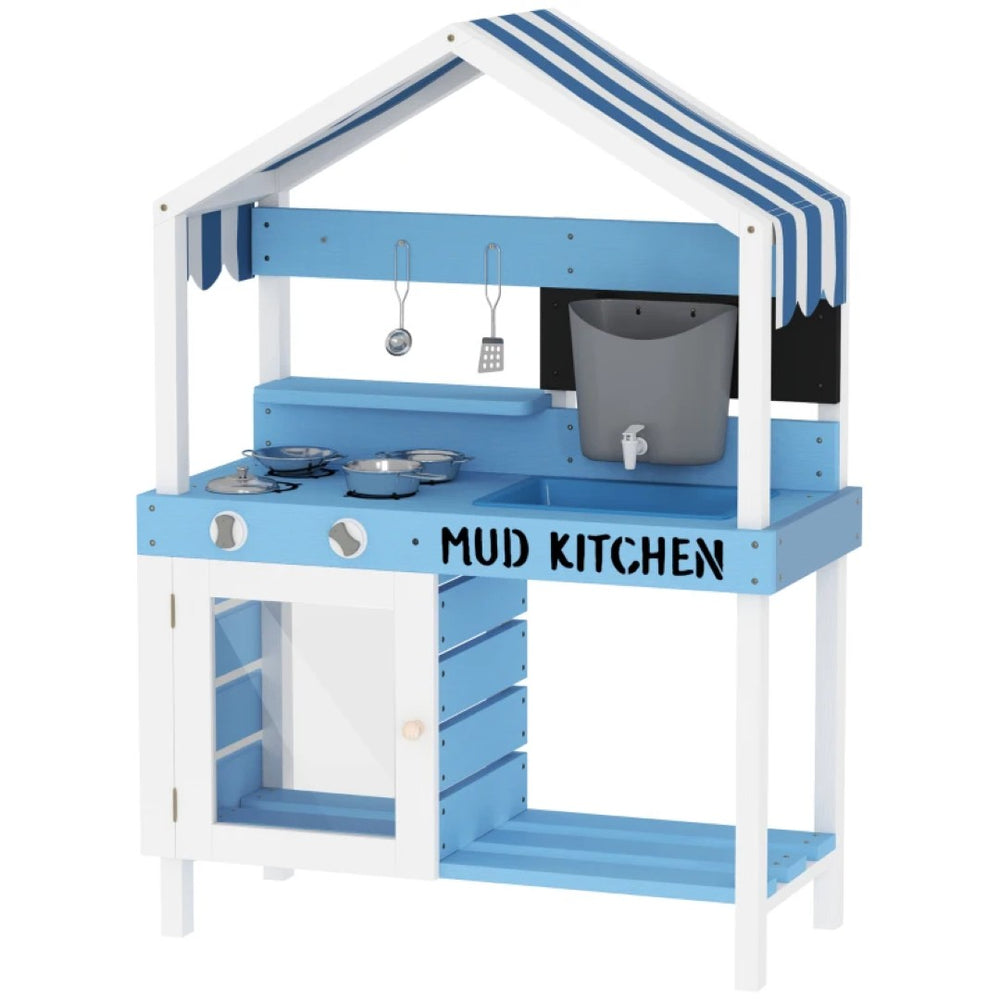 English Elm Kids Outdoor Mud Kitchen Solid Fir Wood Play Set with Sink Canopy and Stove Burners T3971P441912