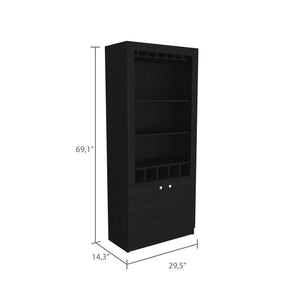 English Elm Montenegro Tall Black Bar Cabinet with Wine Storage Open Shelving and Glass Rack B070S00343