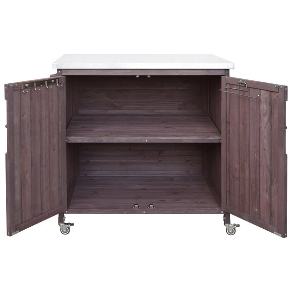 English Elm K&k Rolling Outdoor Kitchen Island Solid Fir Wood Stainless Steel Top Storage Cabinet Dark Brown N707P370287Z