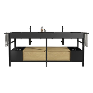 English Elm Galan 72 Inch Double Sink Vanity Fluted Wood Quartz Top Freestanding Bathroom Cabinet Matte Black,Oak W1865S00182