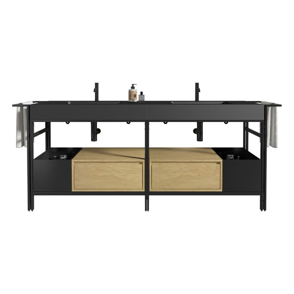English Elm Galan 72 Inch Double Sink Vanity Fluted Wood Quartz Top Freestanding Bathroom Cabinet Matte Black,Oak W1865S00182