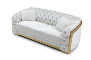 English Elm Lexi Plush Velvet Sofa with Button Tufting and Diamond Quilted Exterior, Welted Cushions & Throw Pillows Ivory 35 L x 30 W x 91 H B078P301021