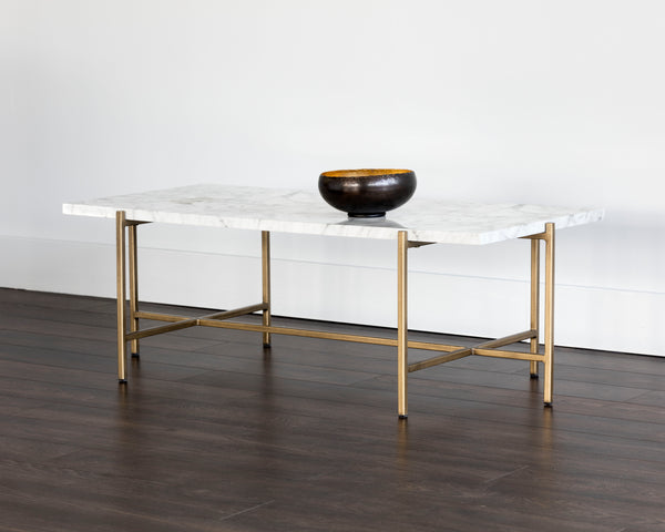 Sunpan Solana Coffee Table – Stunning Marble Look Top with Antique Brass Base for Modern Living Spaces Rectangular - 47W x 23.5D x 15.75H