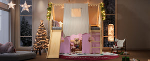 English Elm Full Size Pine Loft Bed with Slide Tent Panels Led Lights and Play Space Below W1580S00291