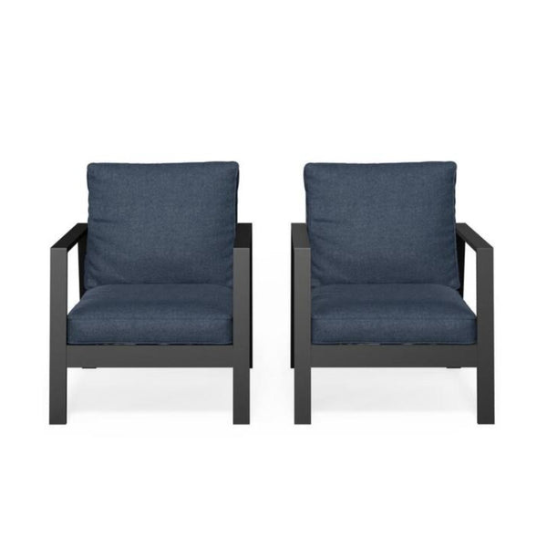 English Elm Set of 2 Outdoor Aluminum Patio Armchairs Rust Proof Frame with Plush Foam Cushions Black+Blue B082P454982