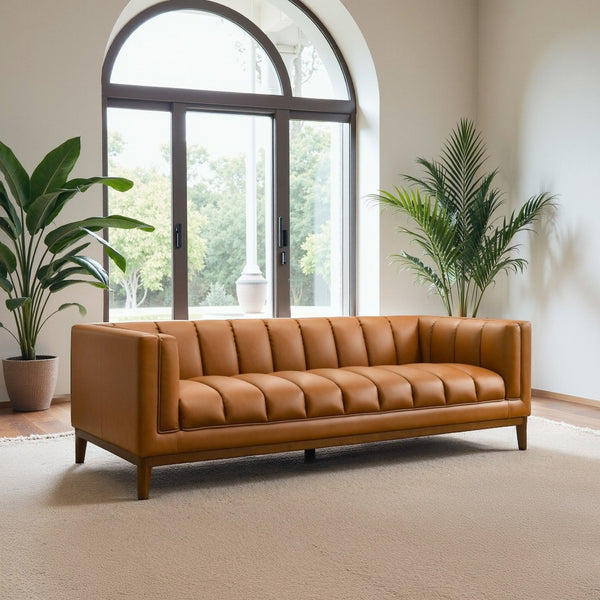 English Elm Melissa Channel Tufted Vegan Leather Sofa with Walnut Legs for Modern Living Rooms B183P423281