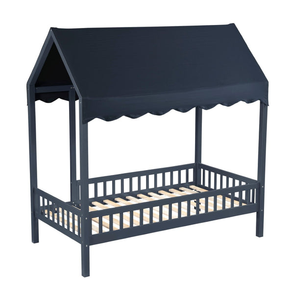 English Elm Navy Solid Wood Twin Canopy Bed Scalloped Fabric Cover Cottage Style Kids Bedroom B011P462897