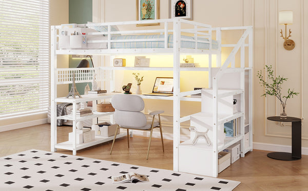 English Elm Full Size Steel Loft Bed with Staircase Storage Wardrobe Desk and Led Lighting White W2593S00059