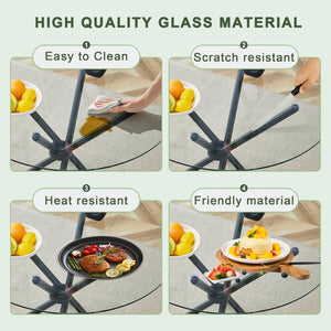 English Elm A Round Tempered Glass Dining Table with Sculptural Black Metal Legs for Modern Spaces W1151P411356